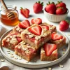 A plate of freshly baked Organic Strawberry Oat Bars, topped with fresh strawberry slices and rolled oats. The bars are golden-brown with visible pieces of chopped strawberries mixed throughout. A jar of honey and whole strawberries are placed nearby, creating a wholesome, healthy snack presentation.