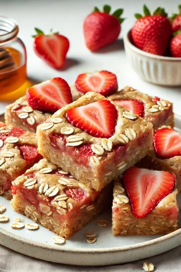 A plate of freshly baked Organic Strawberry Oat Bars, topped with fresh strawberry slices and rolled oats. The bars are golden-brown with visible pieces of chopped strawberries mixed throughout. A jar of honey and whole strawberries are placed nearby, creating a wholesome, healthy snack presentation.