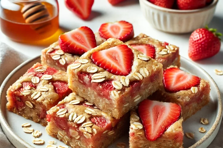 A plate of freshly baked Organic Strawberry Oat Bars, topped with fresh strawberry slices and rolled oats. The bars are golden-brown with visible pieces of chopped strawberries mixed throughout. A jar of honey and whole strawberries are placed nearby, creating a wholesome, healthy snack presentation.