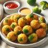 A plate of golden, baked Cheesy Broccoli Bites made with broccoli and melted cheddar cheese, served with dipping sauces like ranch and ketchup. The bites are crispy on the outside and arranged on a light-colored plate, creating an inviting, toddler-friendly snack.