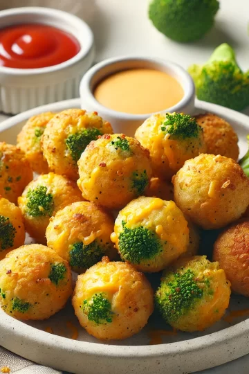A plate of golden, baked Cheesy Broccoli Bites made with broccoli and melted cheddar cheese, served with dipping sauces like ranch and ketchup. The bites are crispy on the outside and arranged on a light-colored plate, creating an inviting, toddler-friendly snack.