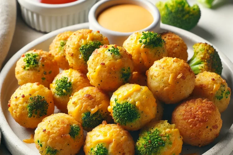 A plate of golden, baked Cheesy Broccoli Bites made with broccoli and melted cheddar cheese, served with dipping sauces like ranch and ketchup. The bites are crispy on the outside and arranged on a light-colored plate, creating an inviting, toddler-friendly snack.